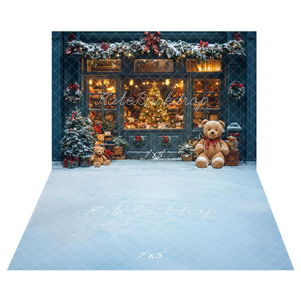Kate Teddy Bear Store Christmas Tree Backdrop+Snow Floor Backdrop for Photography