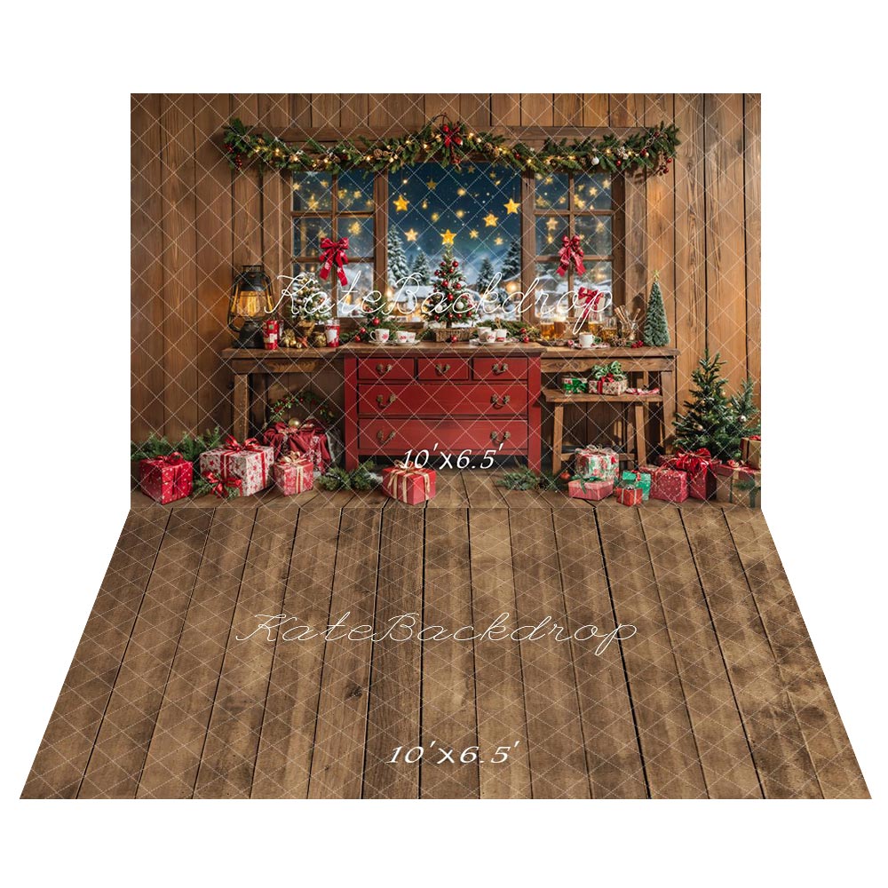 Kate Christmas Starry Sky Window Backdrop+Wood Floor Backdrop for Photography
