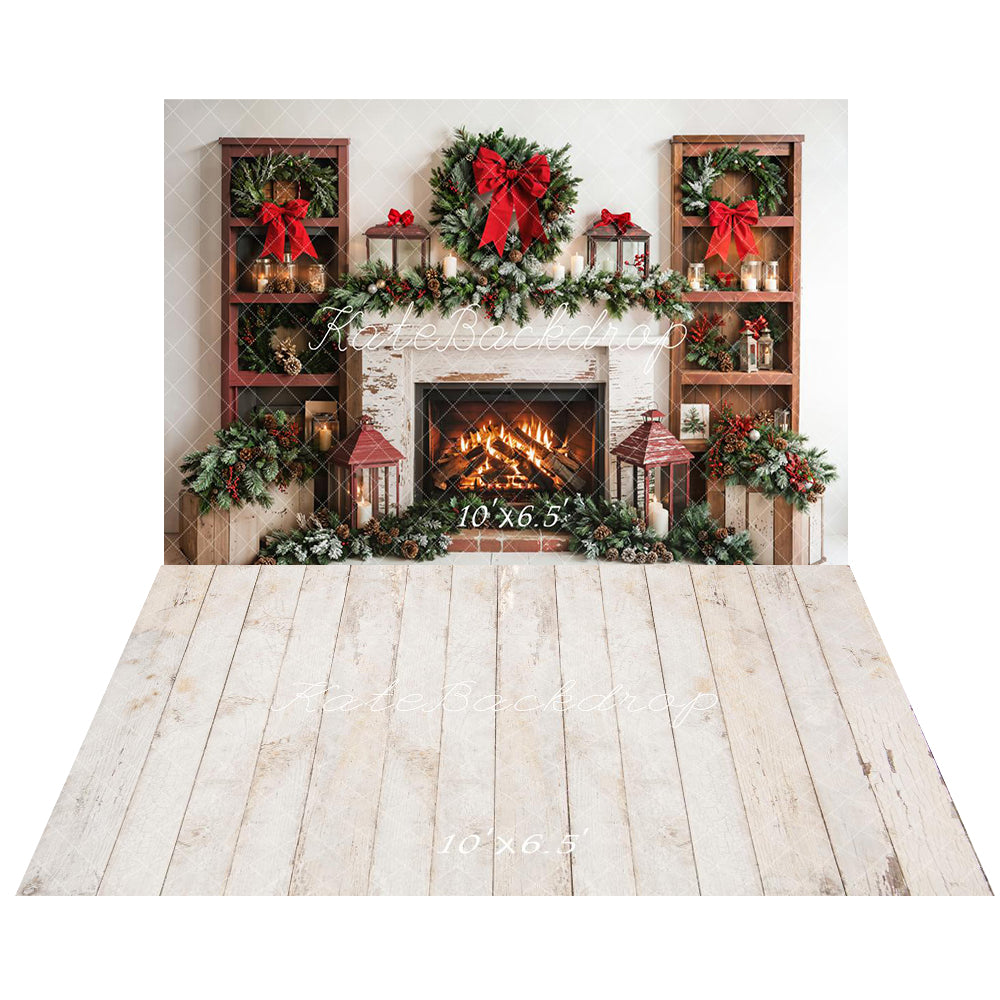 Kate Christmas Fireplace Bow Backdrop+Wood Floor Backdrop - Kate Backdrop AU