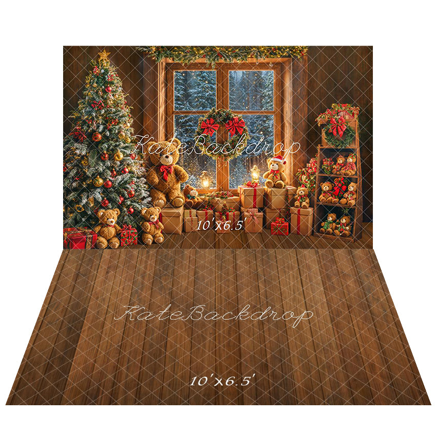 Kate Christmas Teddy Bear Gift Backdrop+Wood Floor Backdrop - Kate Backdrop AU