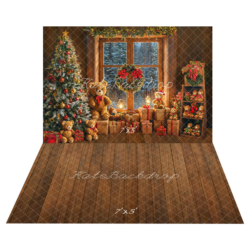 Kate Christmas Teddy Bear Gift Backdrop+Wood Floor Backdrop - Kate Backdrop AU