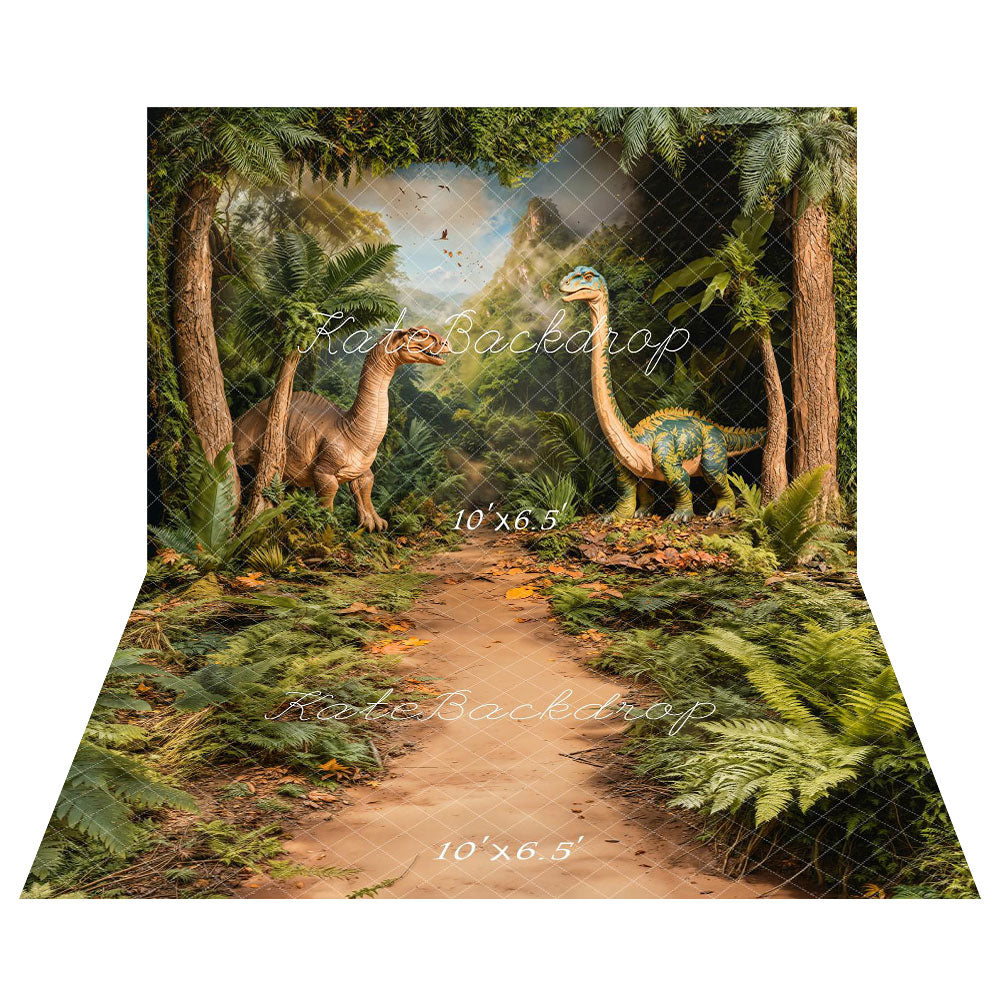 Dinosaur-themed backdrop with two dinosaurs walking on a path through a forest