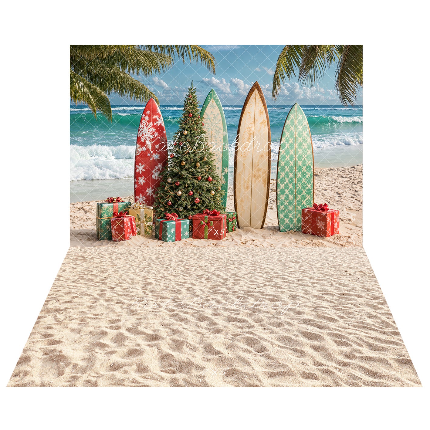 Kate Beach Christmas Tree Surfboard Backdrop+Sand Floor Backdrop