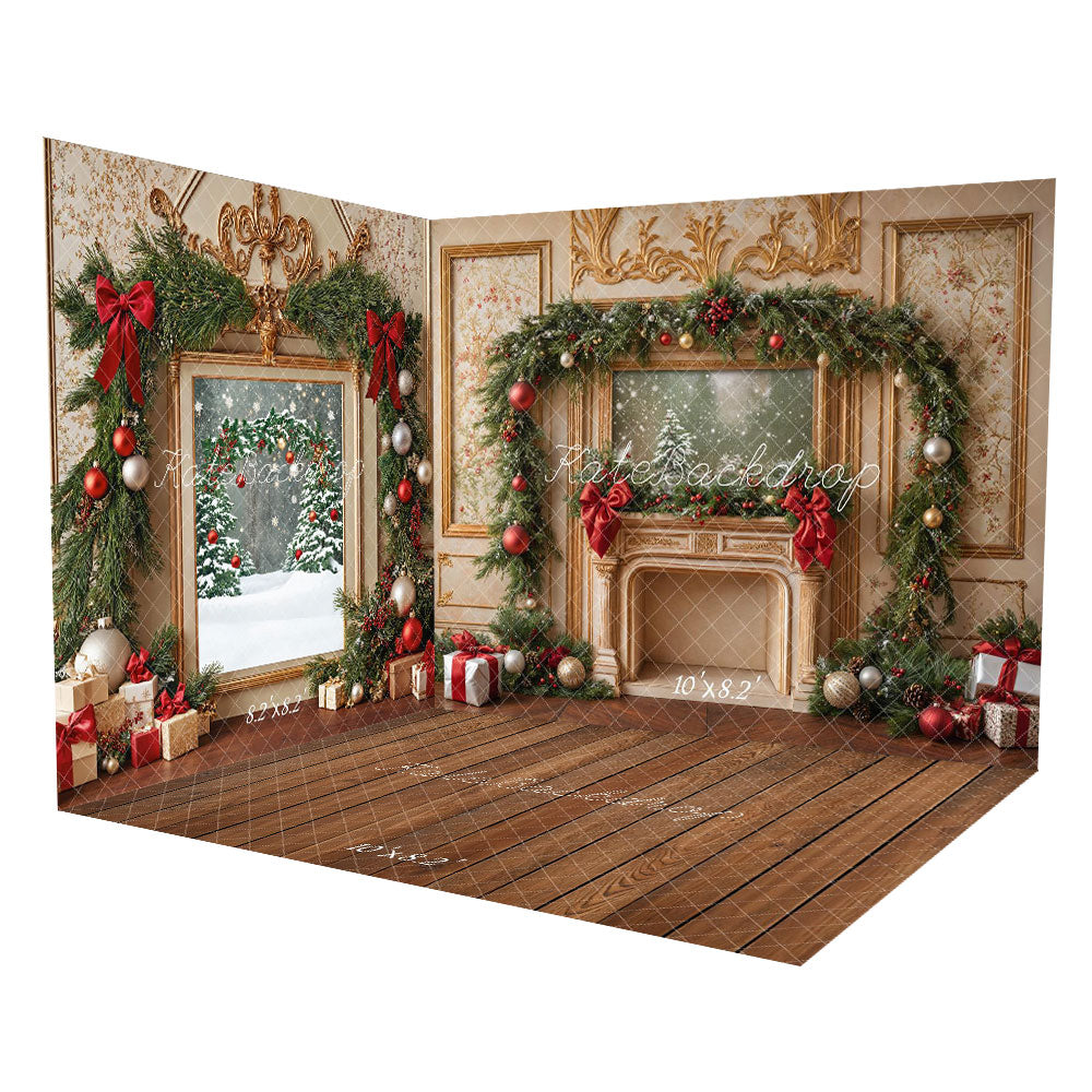 Kate Christmas Fireplace Vintage Wooden Floor Room Set - Kate Backdrop AU