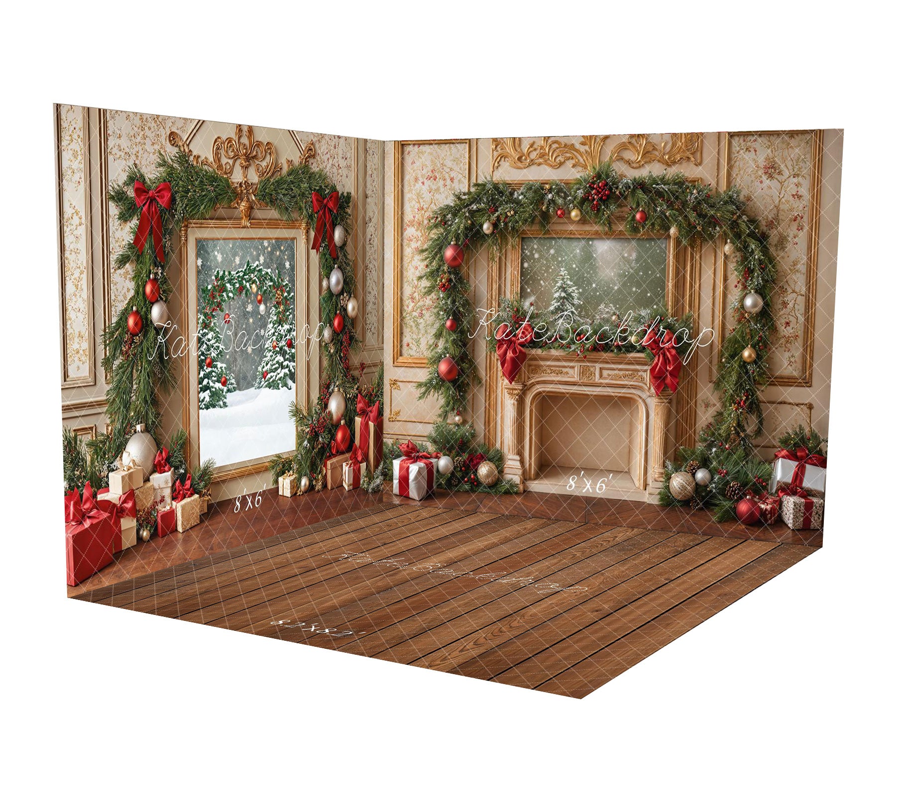 Kate Christmas Fireplace Vintage Wooden Floor Room Set - Kate Backdrop AU