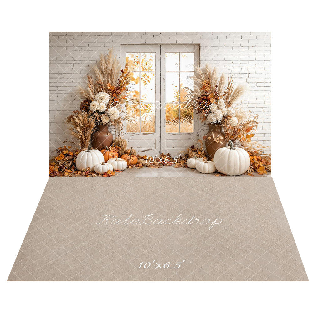 Kate Brick Wall Pumpkin Autumn Backdrop+Abstract Floor Backdrop