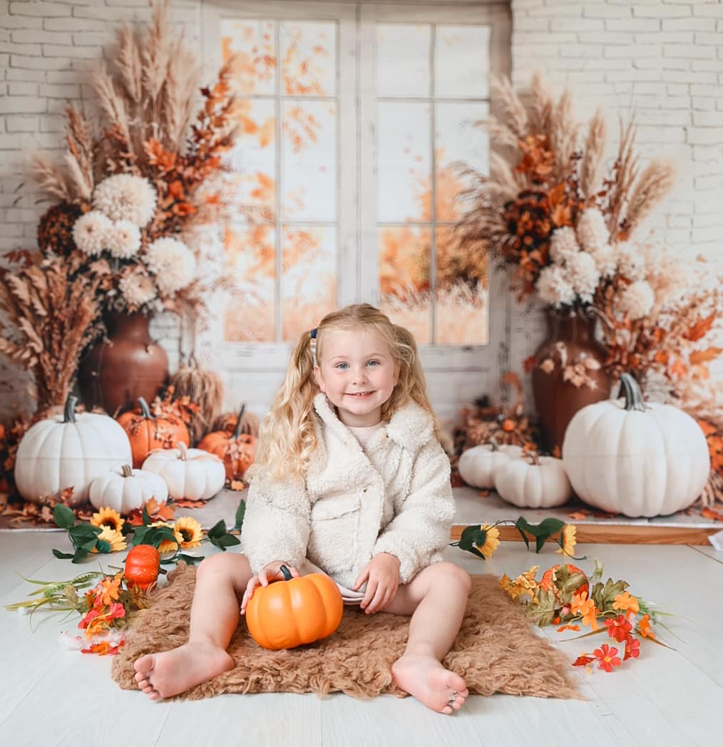 Kate Fall Pumpkins Dried Flowers White Brick Backdrop Designed by Emetselch