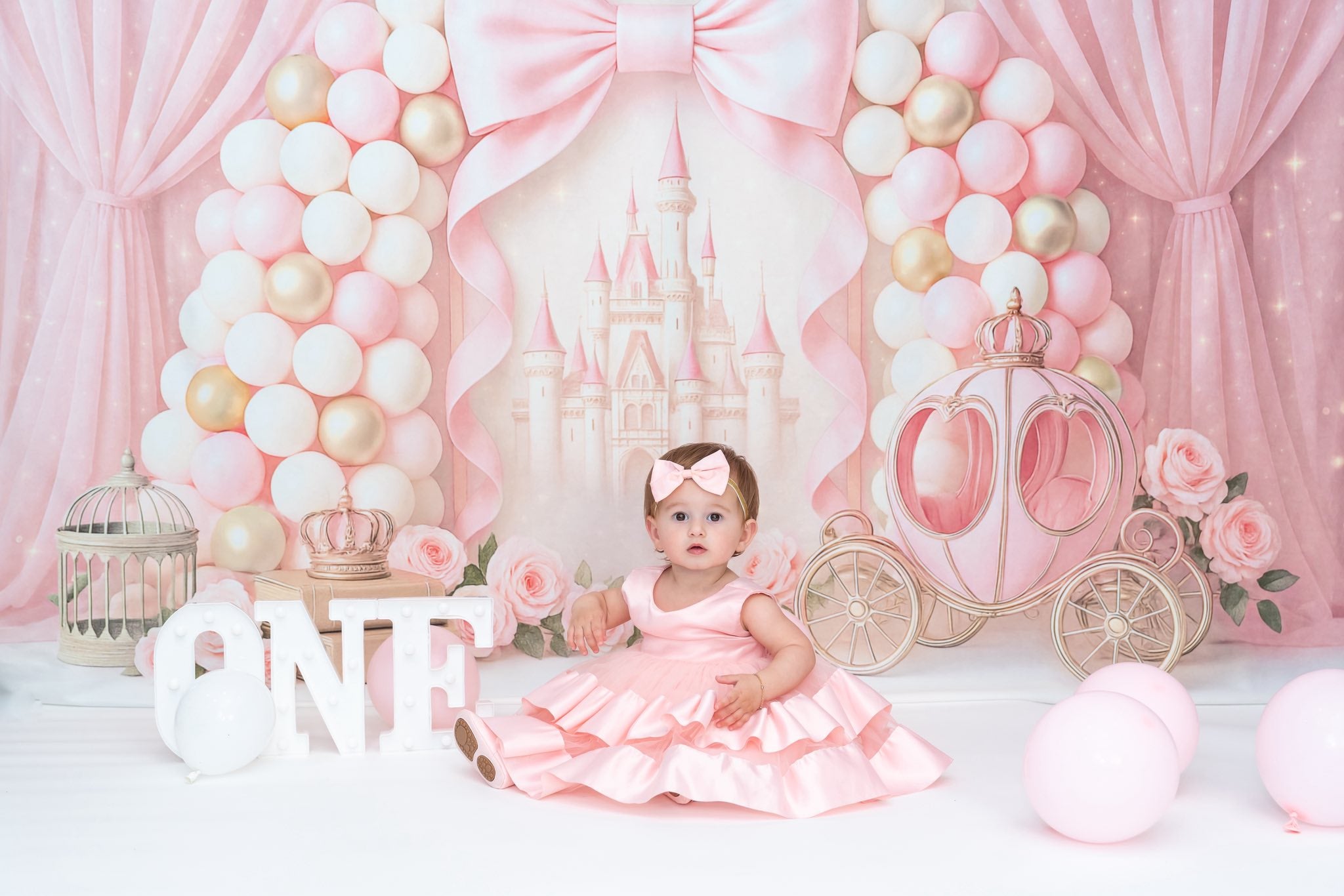 Kate Pink Bow Princess Castle Carriage Backdrop Designed by Ashley Paul - Kate Backdrop AU
