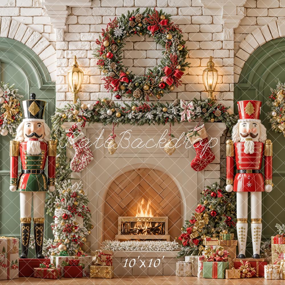 Kate Fireplace Nutcracker Christmas Backdrop Garland Brick Wall Designed by Emetselch - Kate Backdrop AU