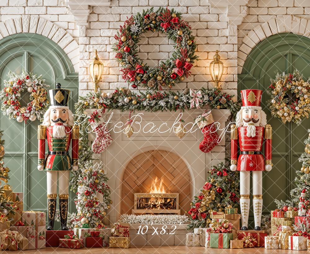 Kate Fireplace Nutcracker Christmas Backdrop Garland Brick Wall Designed by Emetselch - Kate Backdrop AU
