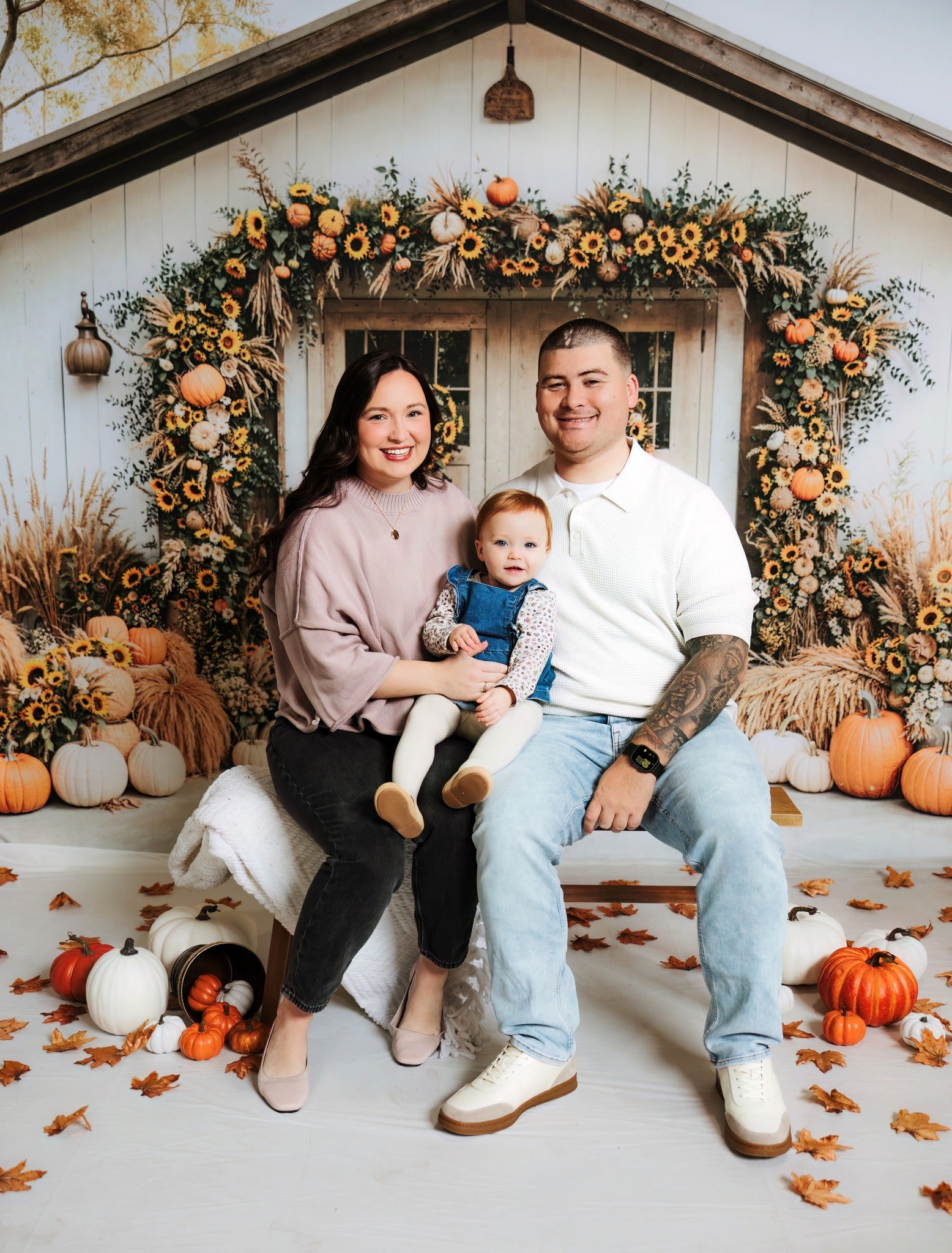 Kate Autumn Pumpkins Sunflowers Rustic Barn Backdrop Designed by Emetselch
