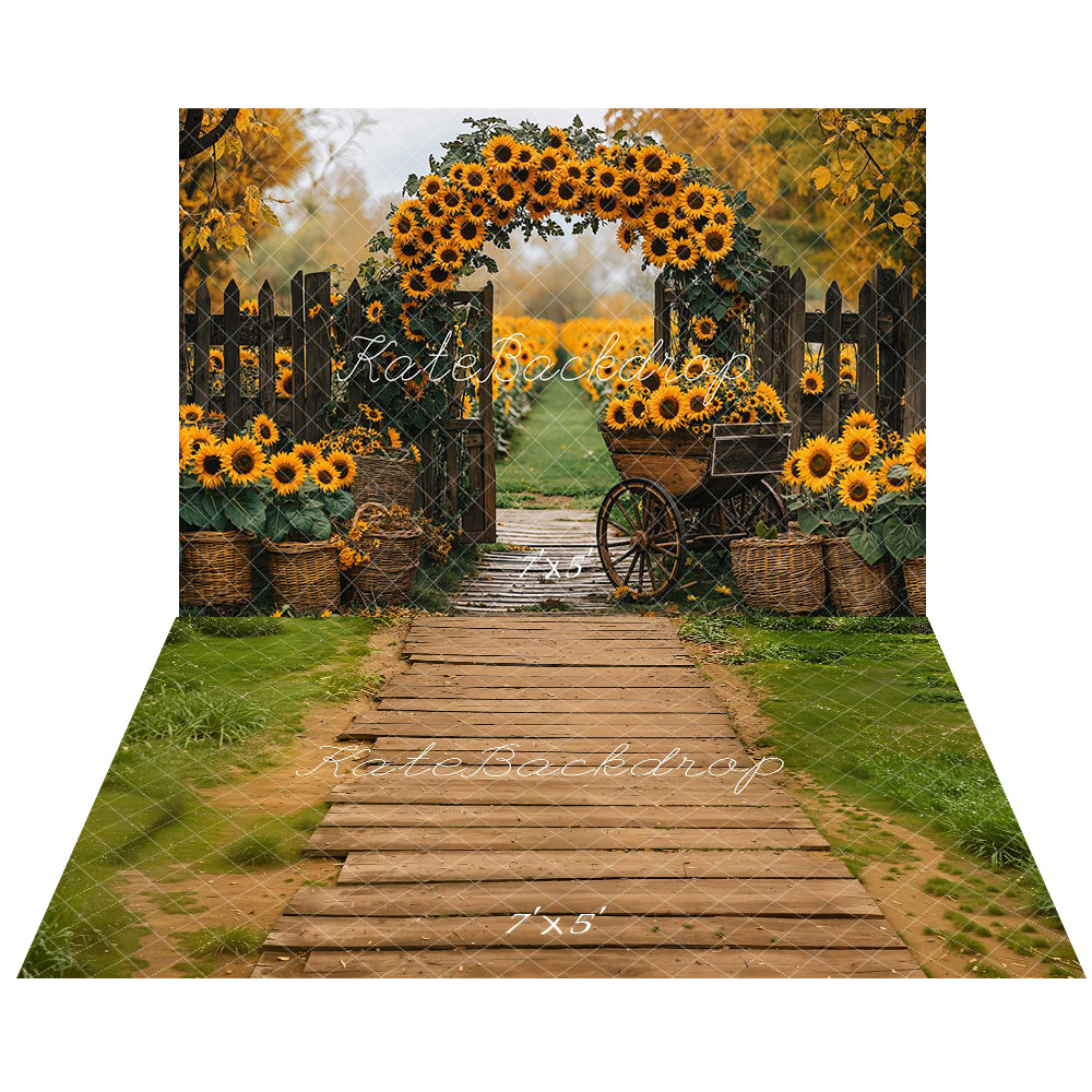 Kate Autumn Sunflower Farm Backdrop+Wooden Planks Grass Floor Backdrop