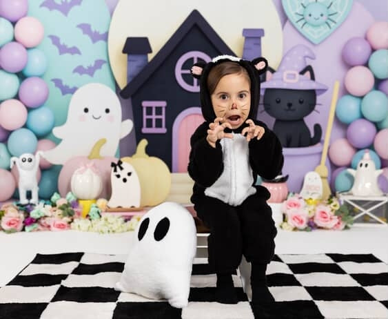 Kate Halloween House Ghost Cat Pumpkins Backdrop Designed by Mini MakeBelieve