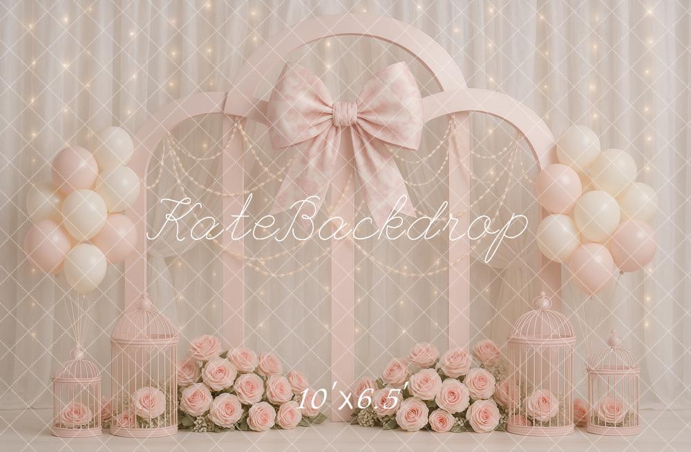 Kate Birthday Pink Bows Pearls Backdrop Designed by Ashley Paul - Kate Backdrop AU