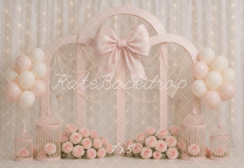 Kate Birthday Pink Bows Pearls Backdrop Designed by Ashley Paul - Kate Backdrop AU