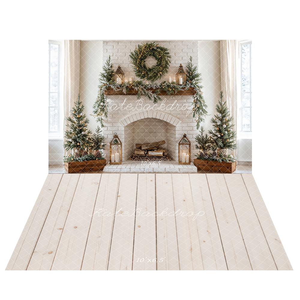 Kate Christmas Brick Wall Fireplace+Wood Floor Backdrop - Kate Backdrop AU