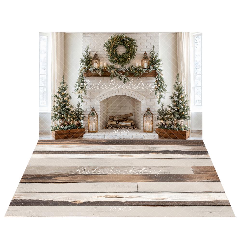 Kate Fireplace Brick Wall Christmas +Retro Wood Floor Backdrop