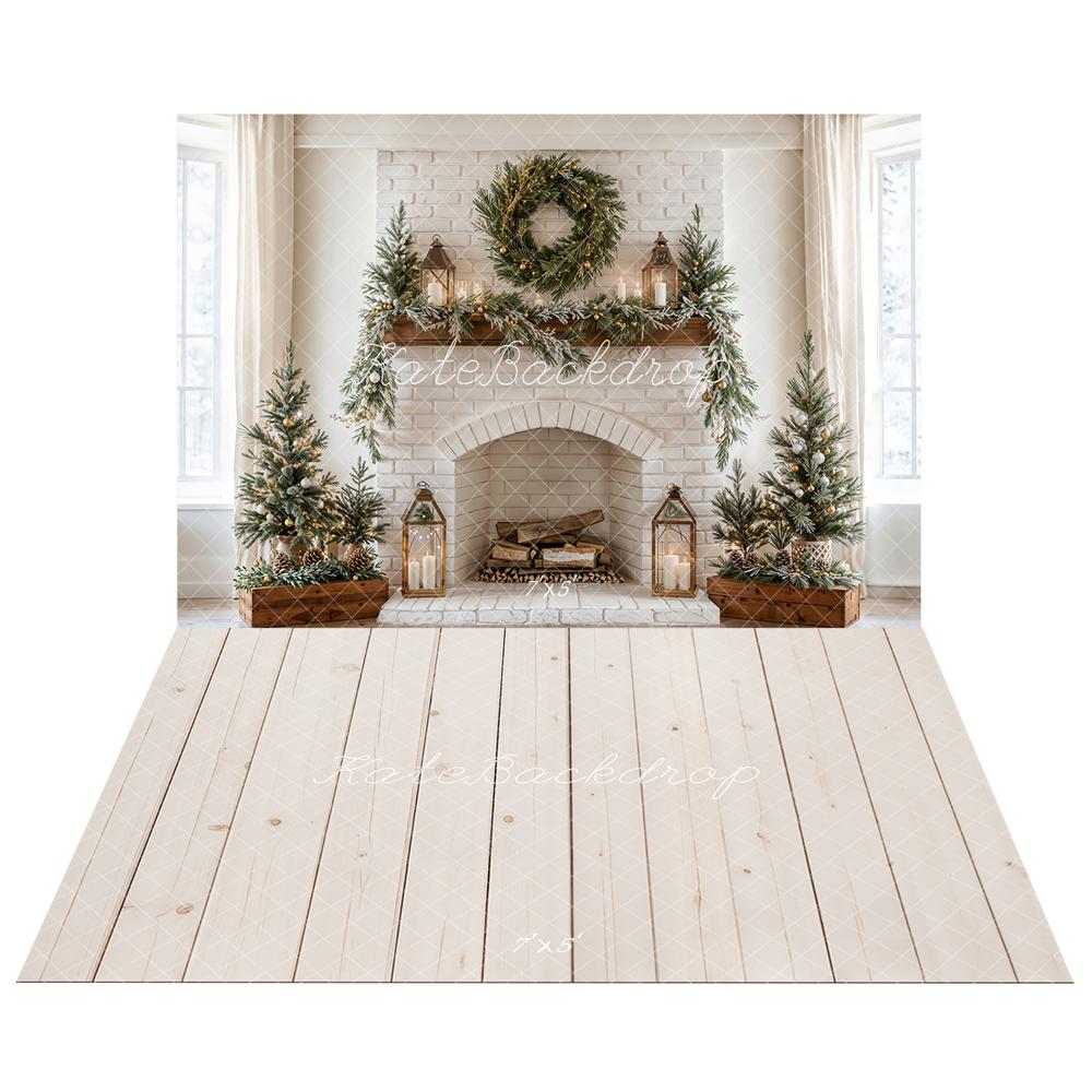Kate Christmas Brick Wall Fireplace+Wood Floor Backdrop - Kate Backdrop AU