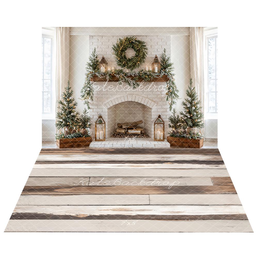 Kate Fireplace Brick Wall Christmas +Retro Wood Floor Backdrop