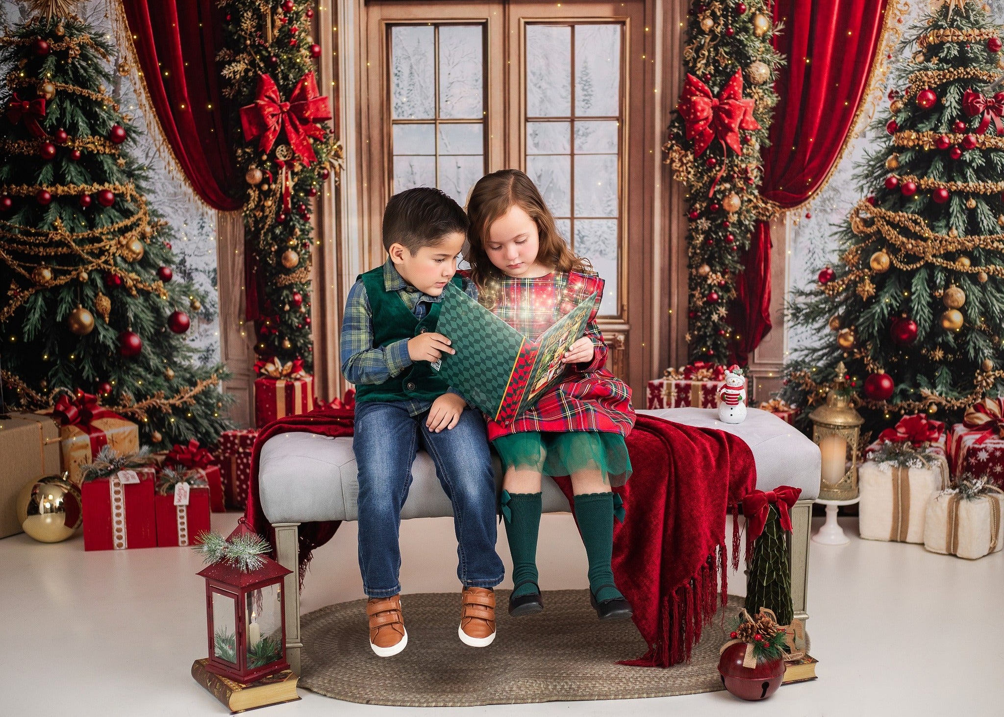 Kate Christmas Trees Red Curtains Presents Backdrop Designed by Emetselch