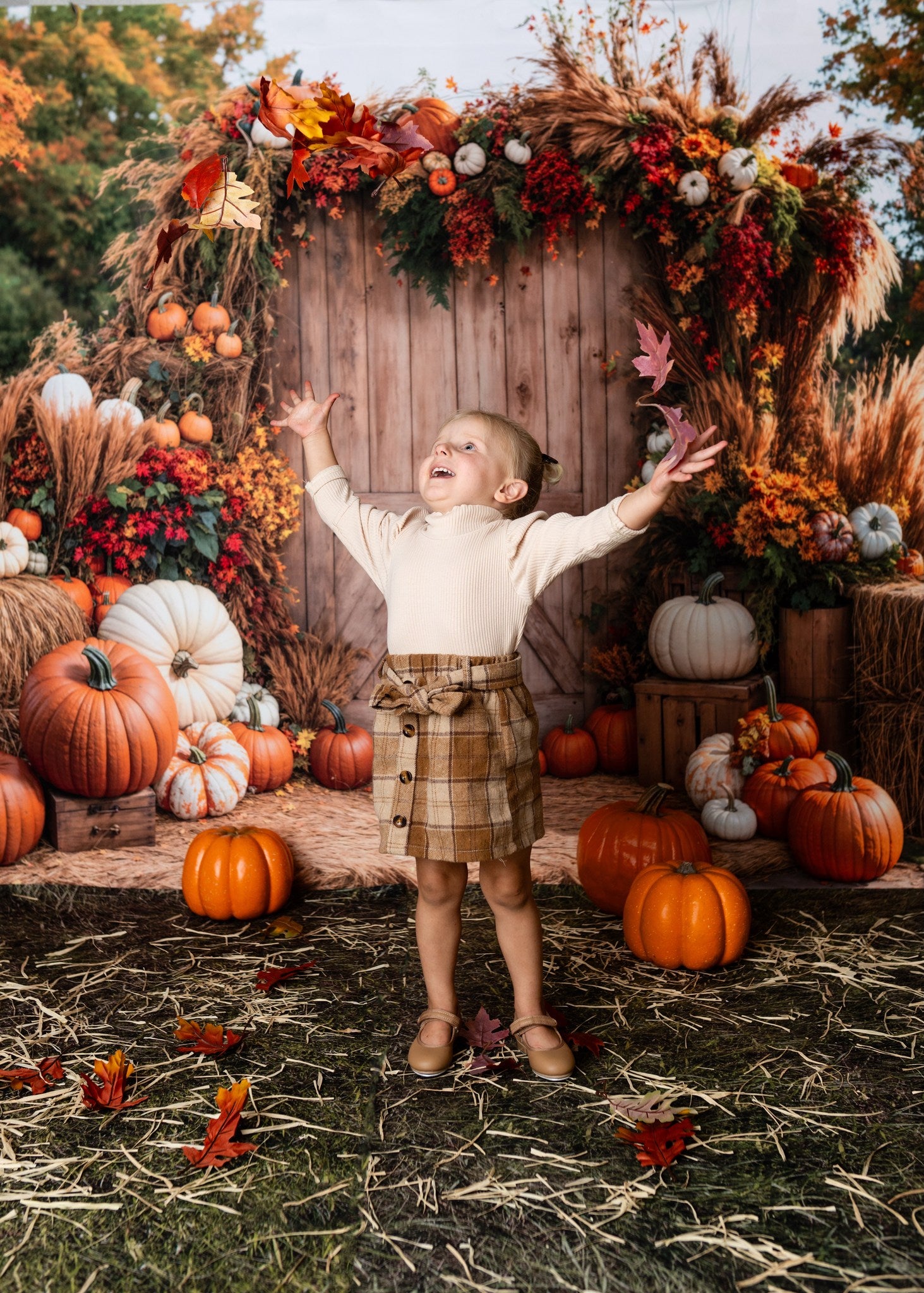 Kate Autumn Backdrop Pumpkins Hay Bales Barn Door Designed by Emetselch - Kate Backdrop AU