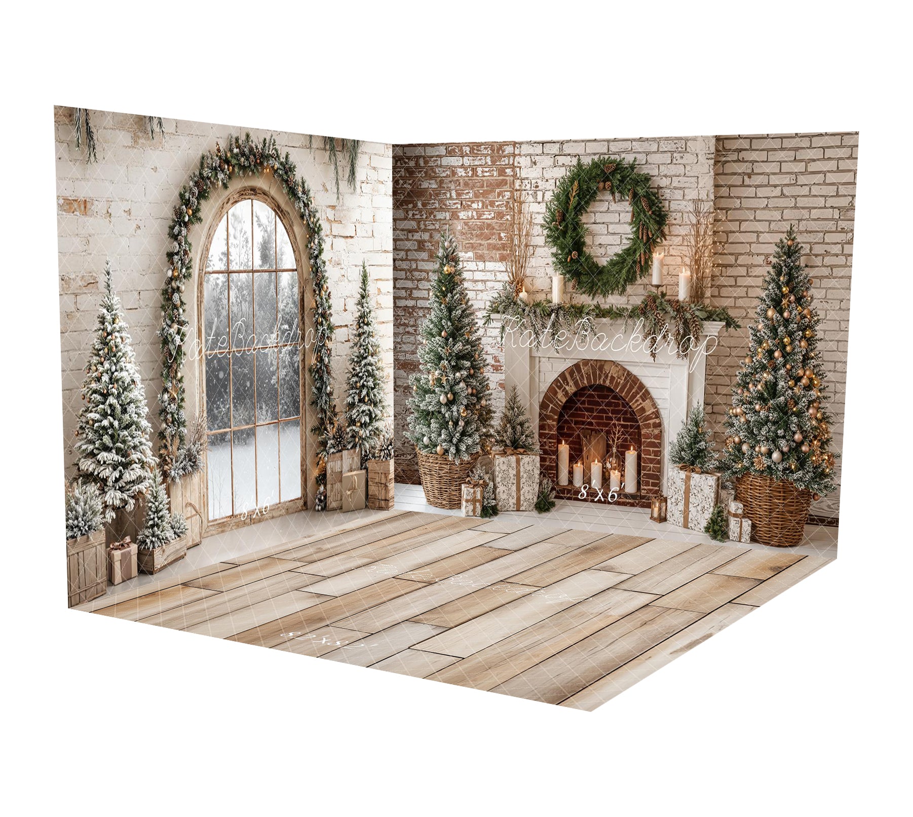 Kate Brick Wall Arch Fireplace Christmas Trees Room Set - Kate Backdrop AU