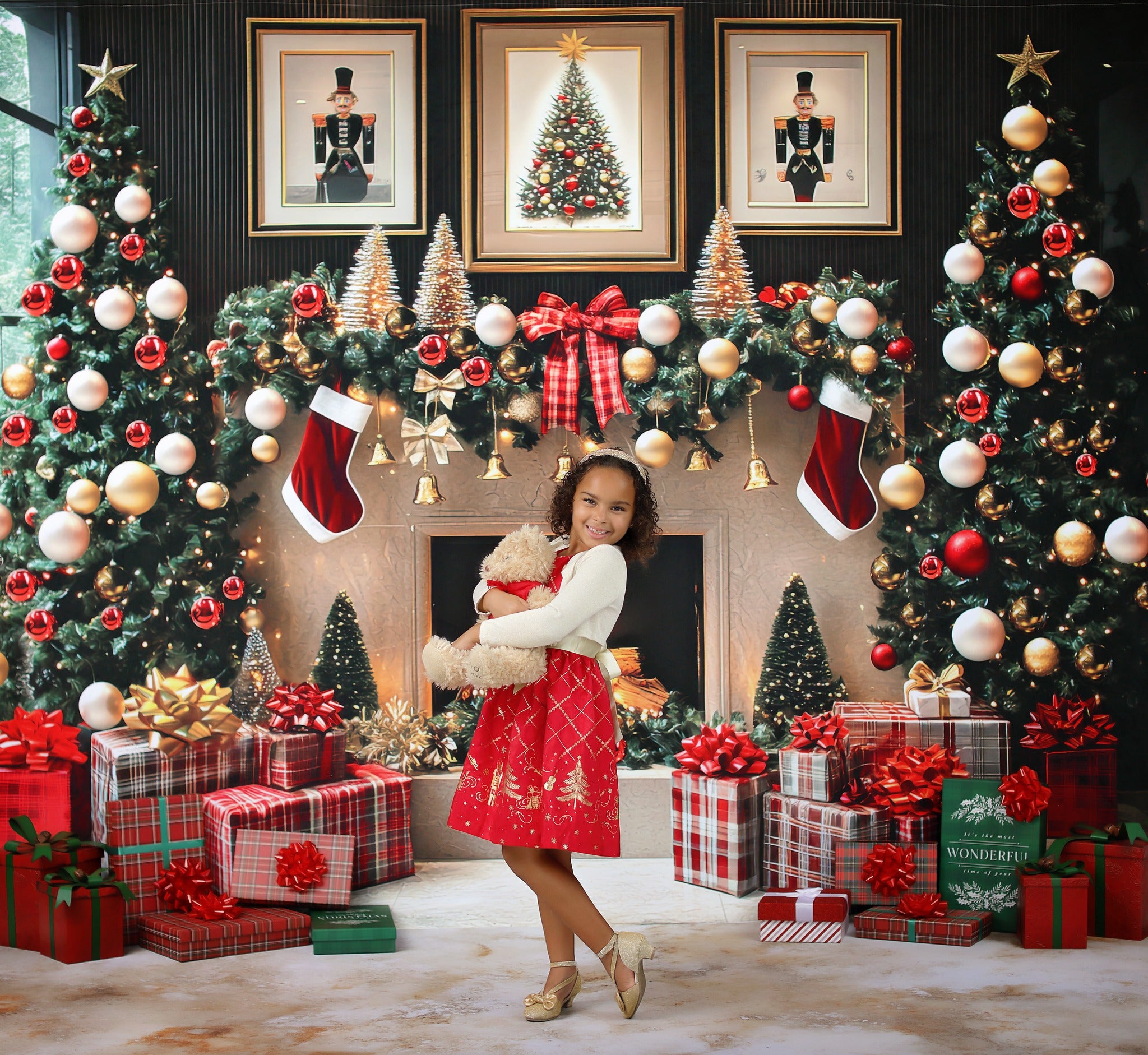Kate Christmas Fireplace Trees Presents Backdrop Designed by Mini MakeBelieve