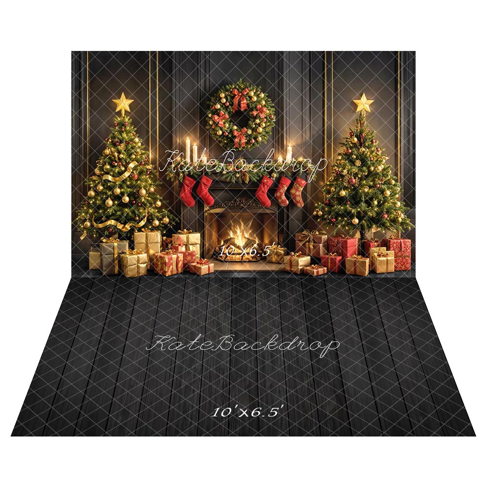 Kate Christmas Tree Fireplace Gifts Backdrop+Dark Wood Floor Backdrop