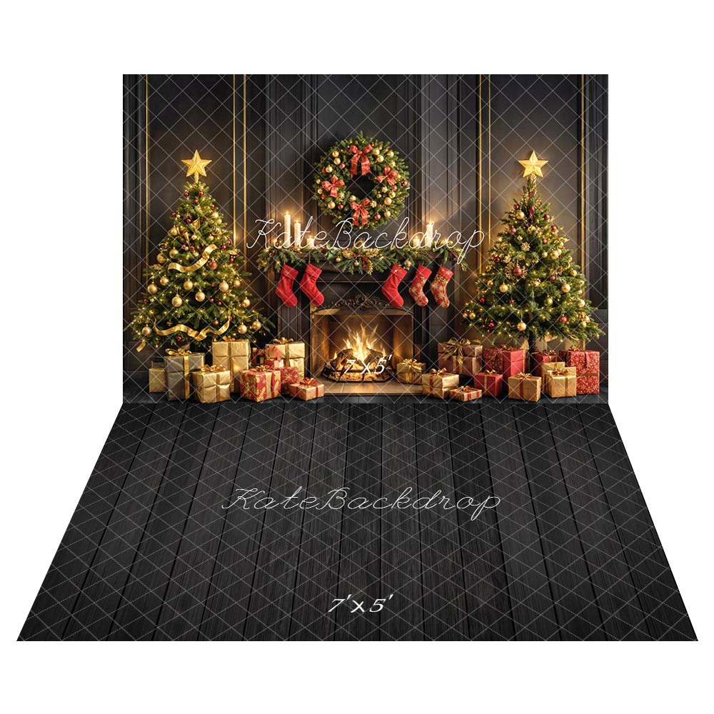 Kate Christmas Tree Fireplace Gifts Backdrop+Dark Wood Floor Backdrop