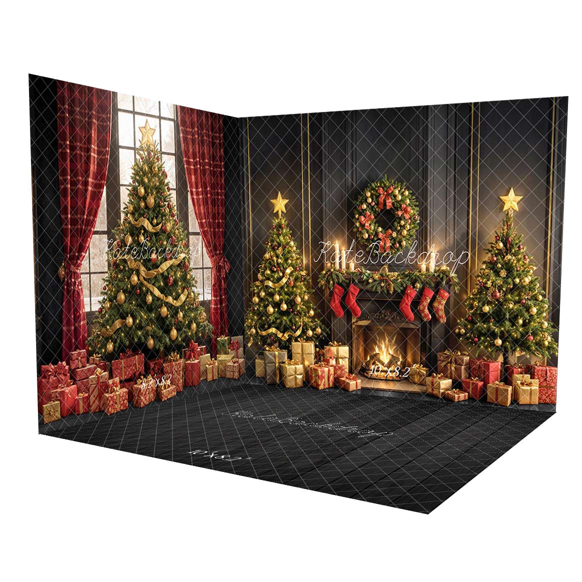 Kate Window Dark Christmas Tree Gifts Fireplace Room Set