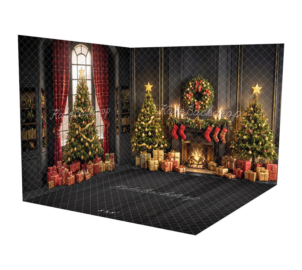 Kate Window Dark Christmas Tree Gifts Fireplace Room Set