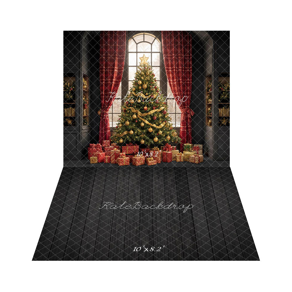 Kate Christmas Tree Gifts Window Backdrop+Dark Wood Floor Backdrop