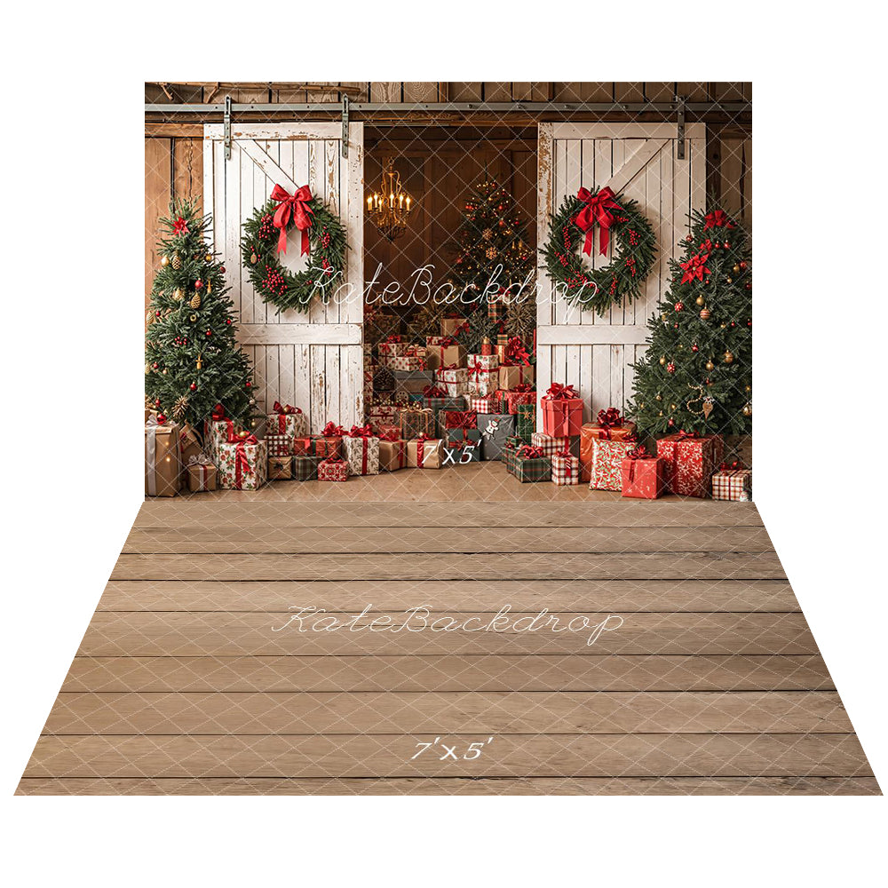 Kate Christmas Gifts Barn Door Backdrop+Wood Floor Backdrop