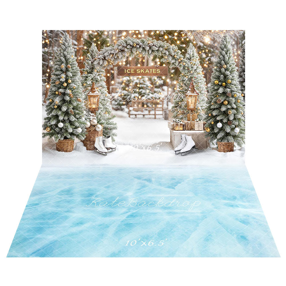 Kate Christmas Ice Skate Backdrop+Blue Frozen Lake Floor Backdrop - Kate Backdrop AU