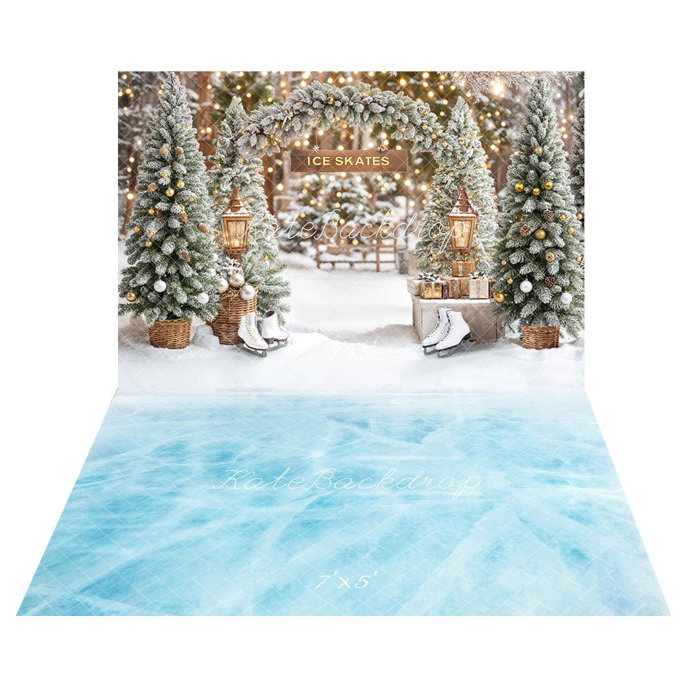 Kate Christmas Ice Skate Backdrop+Blue Frozen Lake Floor Backdrop - Kate Backdrop AU