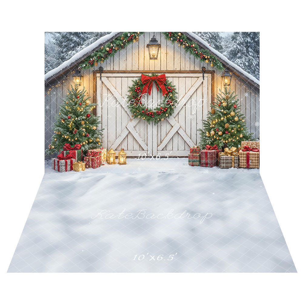 Kate Christmas Tree Cottage Wreath Backdrop+Winter Snow Floor Backdrop - Kate Backdrop AU