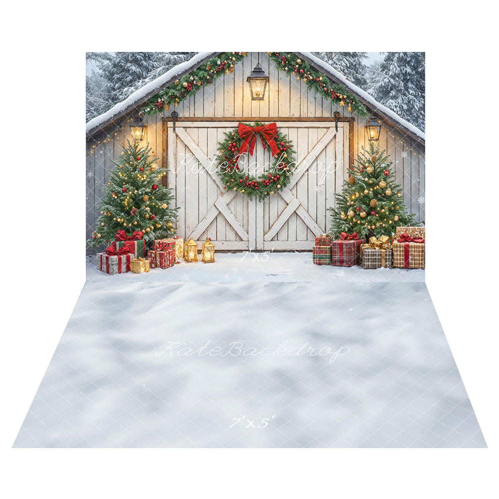 Kate Christmas Tree Cottage Wreath Backdrop+Winter Snow Floor Backdrop - Kate Backdrop AU