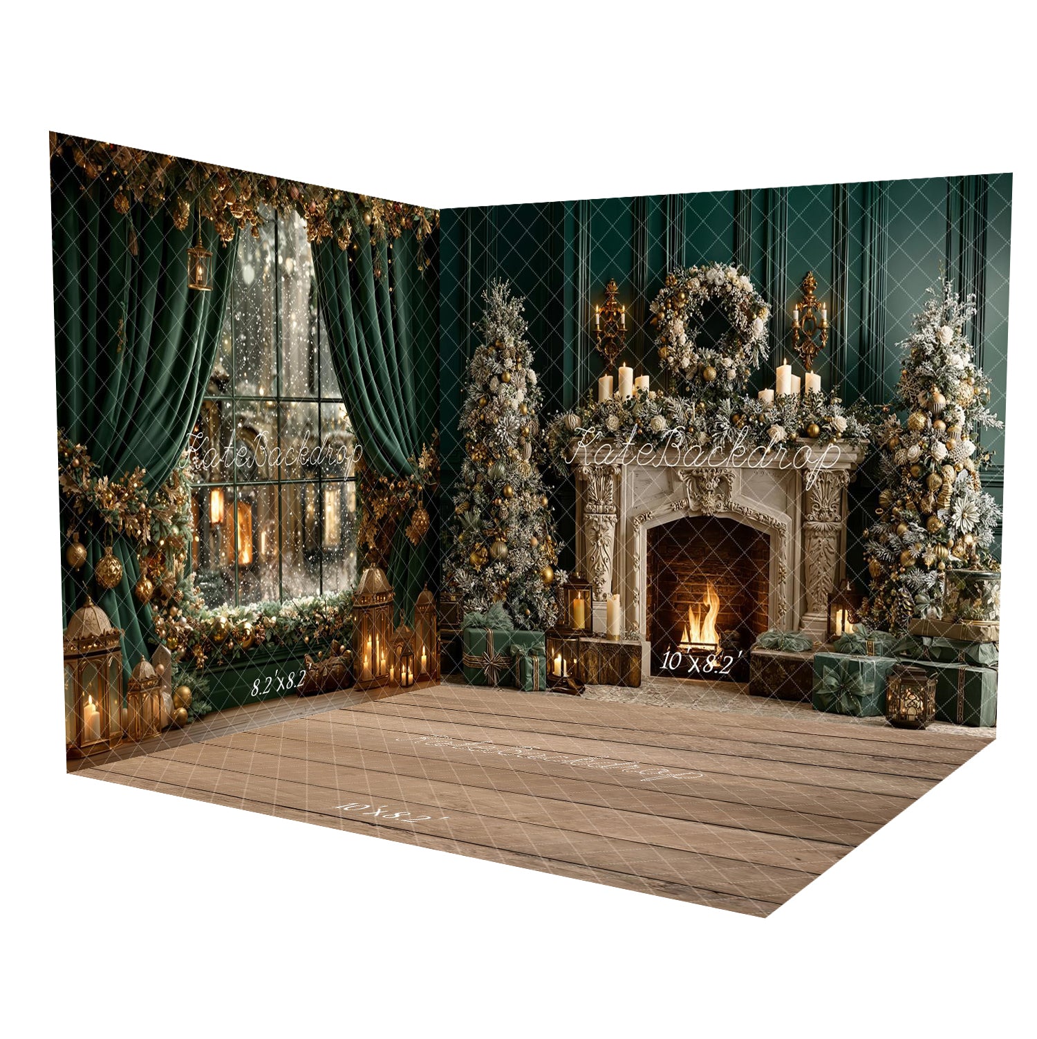 Kate Christmas Snow Window Fireplace Green Wall Room Set - Kate Backdrop AU