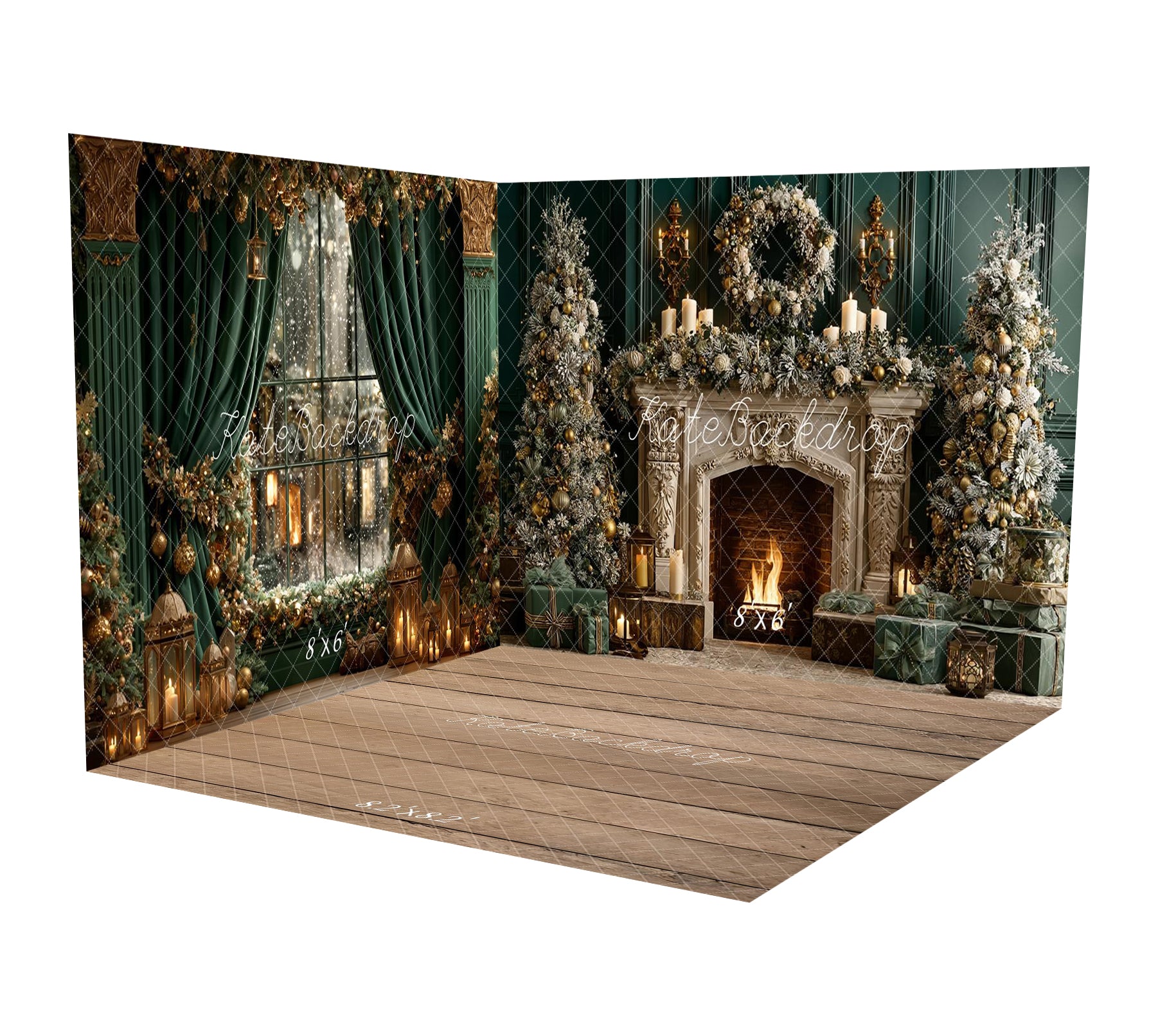 Kate Christmas Snow Window Fireplace Green Wall Room Set - Kate Backdrop AU