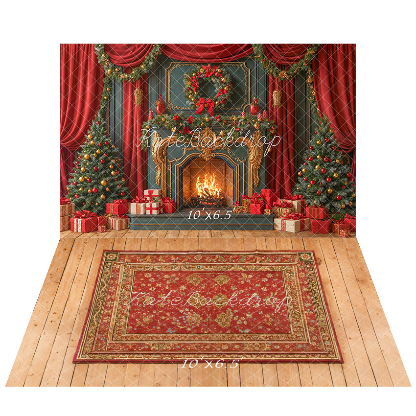 Kate Christmas Fireplace Red Curtains Backdrop+Carpet Pattern Wood Floor Backdrop - Kate Backdrop AU