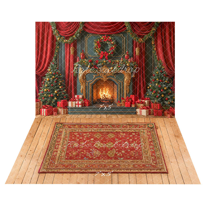 Kate Christmas Fireplace Red Curtains Backdrop+Carpet Pattern Wood Floor Backdrop - Kate Backdrop AU