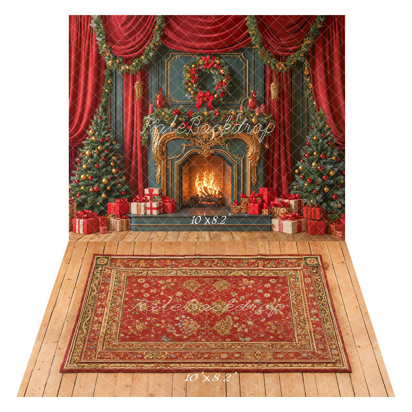 Kate Christmas Fireplace Red Curtains Backdrop+Carpet Pattern Wood Floor Backdrop - Kate Backdrop AU