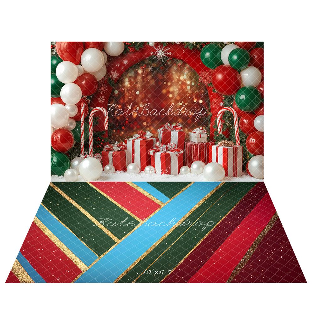 Kate Red Christmas Balloon Arch Backdorp + Red Green Stripes Floor Backdrop