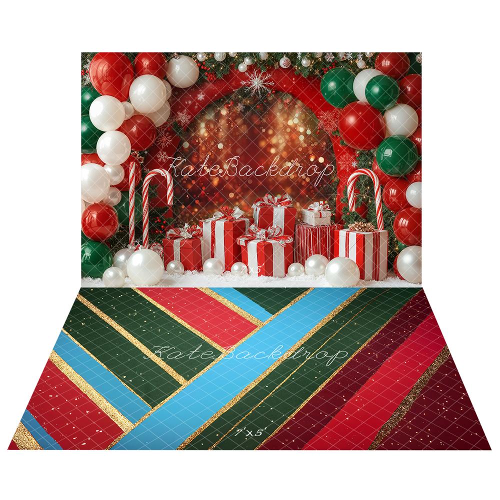 Kate Red Christmas Balloon Arch Backdorp + Red Green Stripes Floor Backdrop