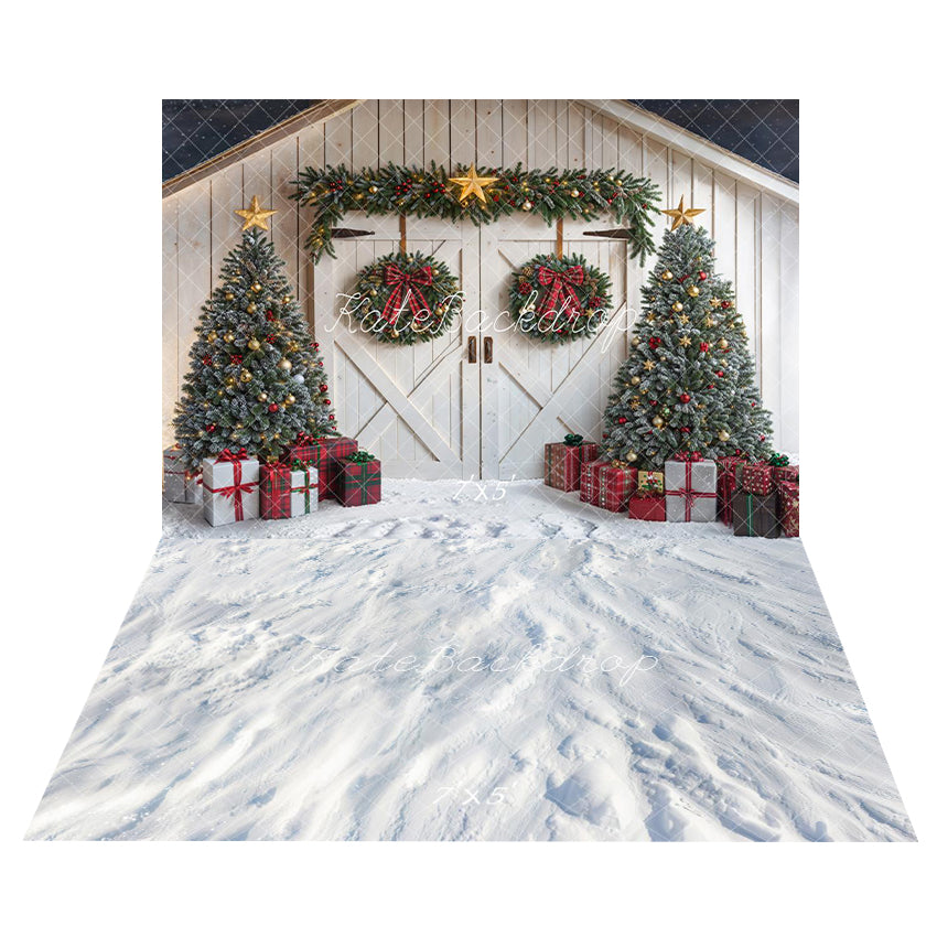 Kate Christmas Tree White Wooden House Backdrop+Snow Floor Backdrop