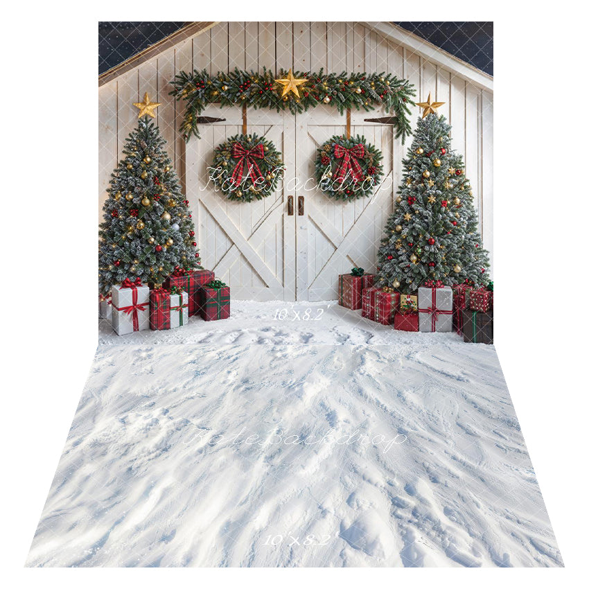 Kate Christmas Tree White Wooden House Backdrop+Snow Floor Backdrop