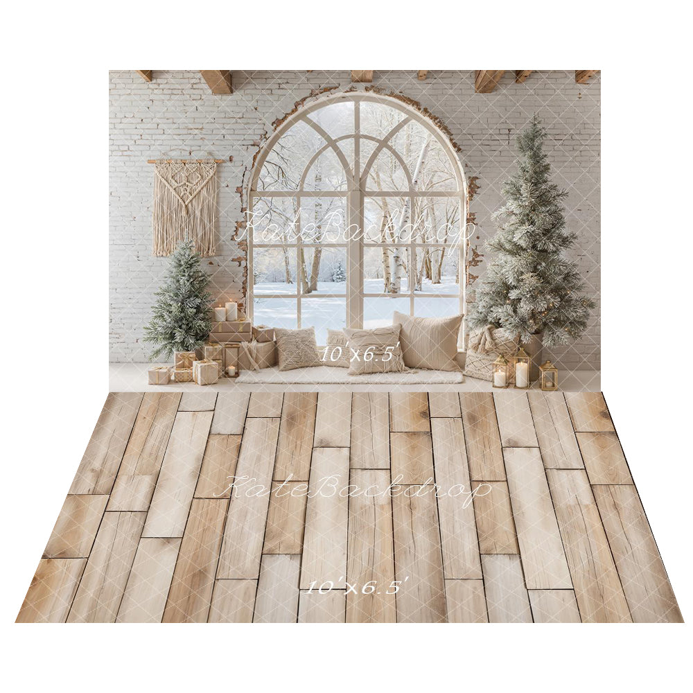 Kate Boho Brick Wall Tree Window Backdrop+Wood Floor Backdrop