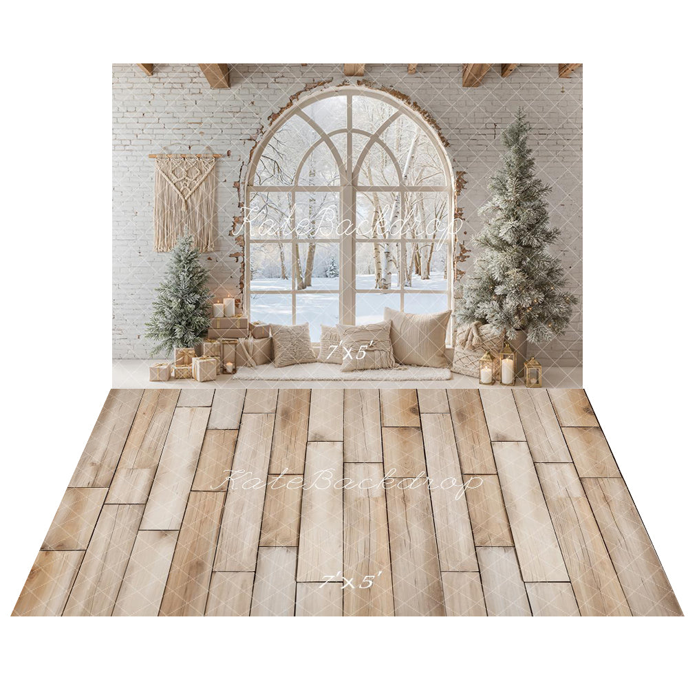 Kate Boho Brick Wall Tree Window Backdrop+Wood Floor Backdrop