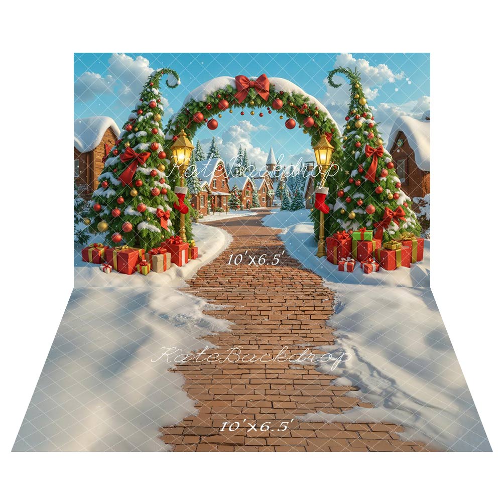 Kate Christmas Trees Gifts Arch Blue Sky+Snow Brick Floor Backdrop