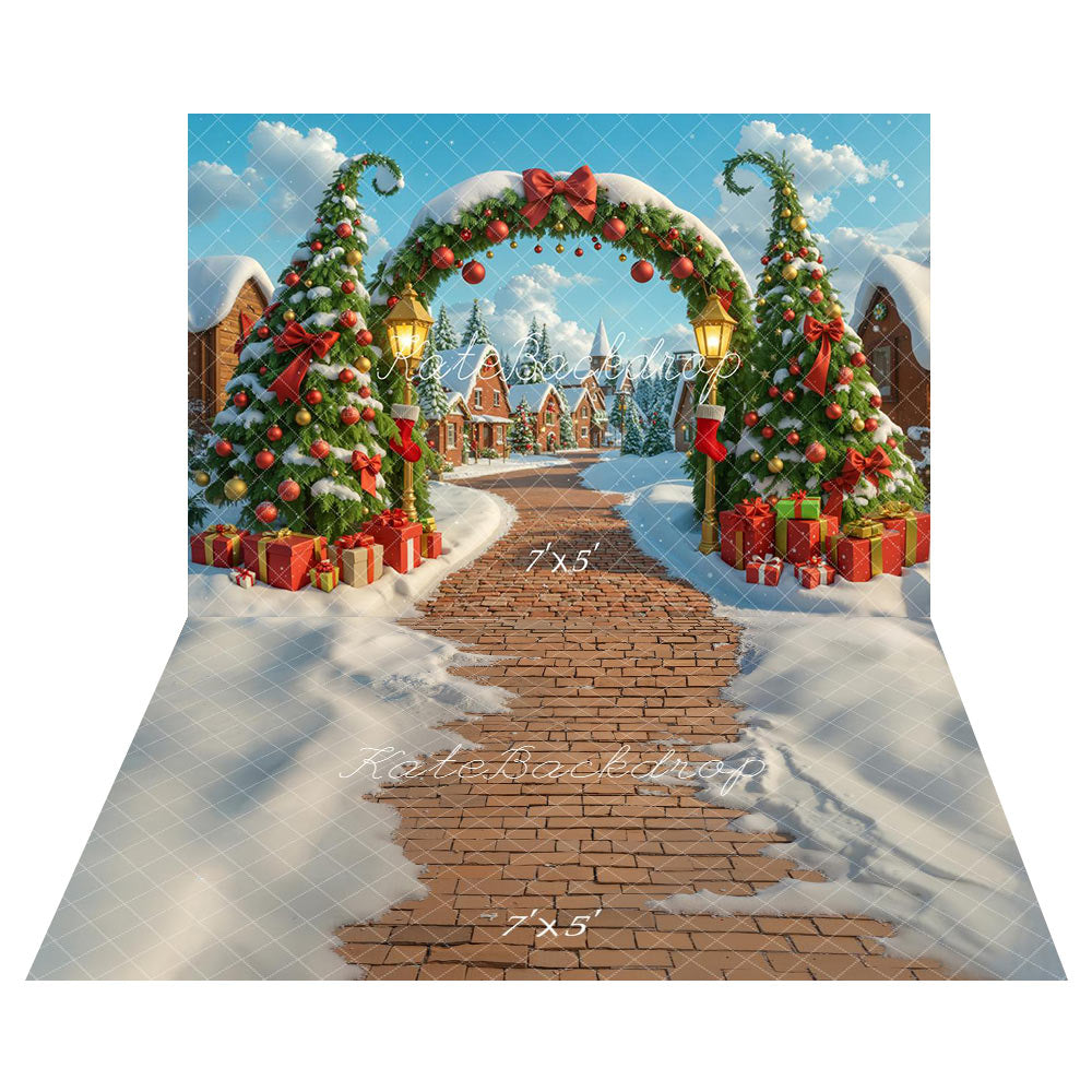 Kate Christmas Trees Gifts Arch Blue Sky+Snow Brick Floor Backdrop